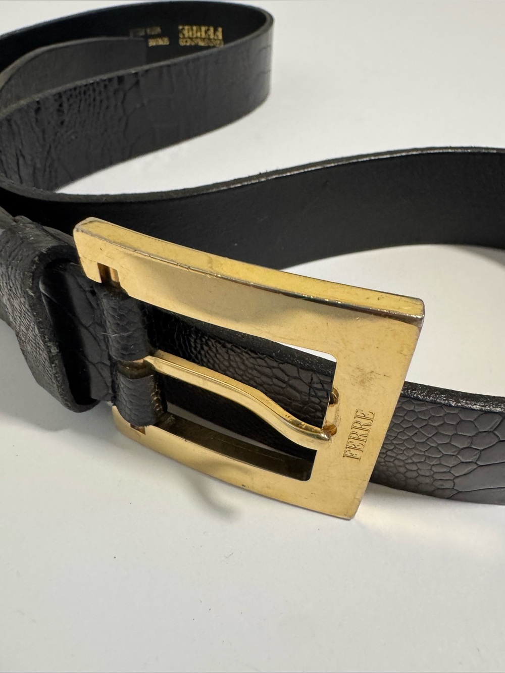 Vintage Gianfranco Ferré Black Croc Embossed Leather Belt Gold Buckle